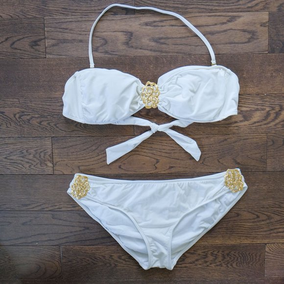 Metallic Golden Appliqued 2 Piece Swimsuit